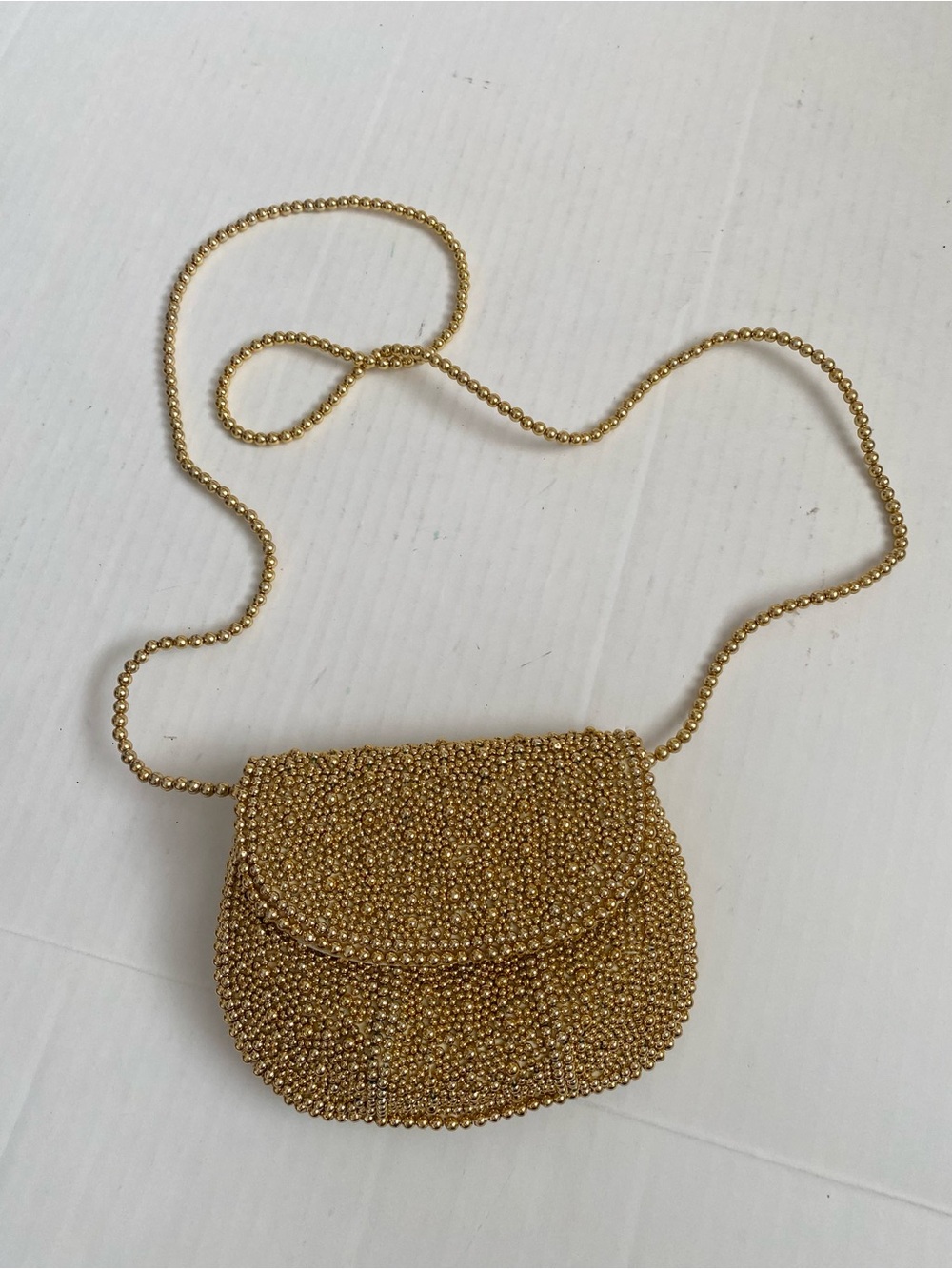 Vintage Inge Christopher Metallic Gold Micro Beaded Crossbody Evening Bag
